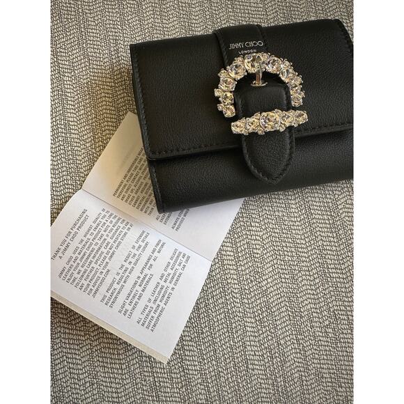Jimmy Choo Black Leather Trifold Wallet NEW Crystal Jewel Card Holder Small - Picture 4 of 8